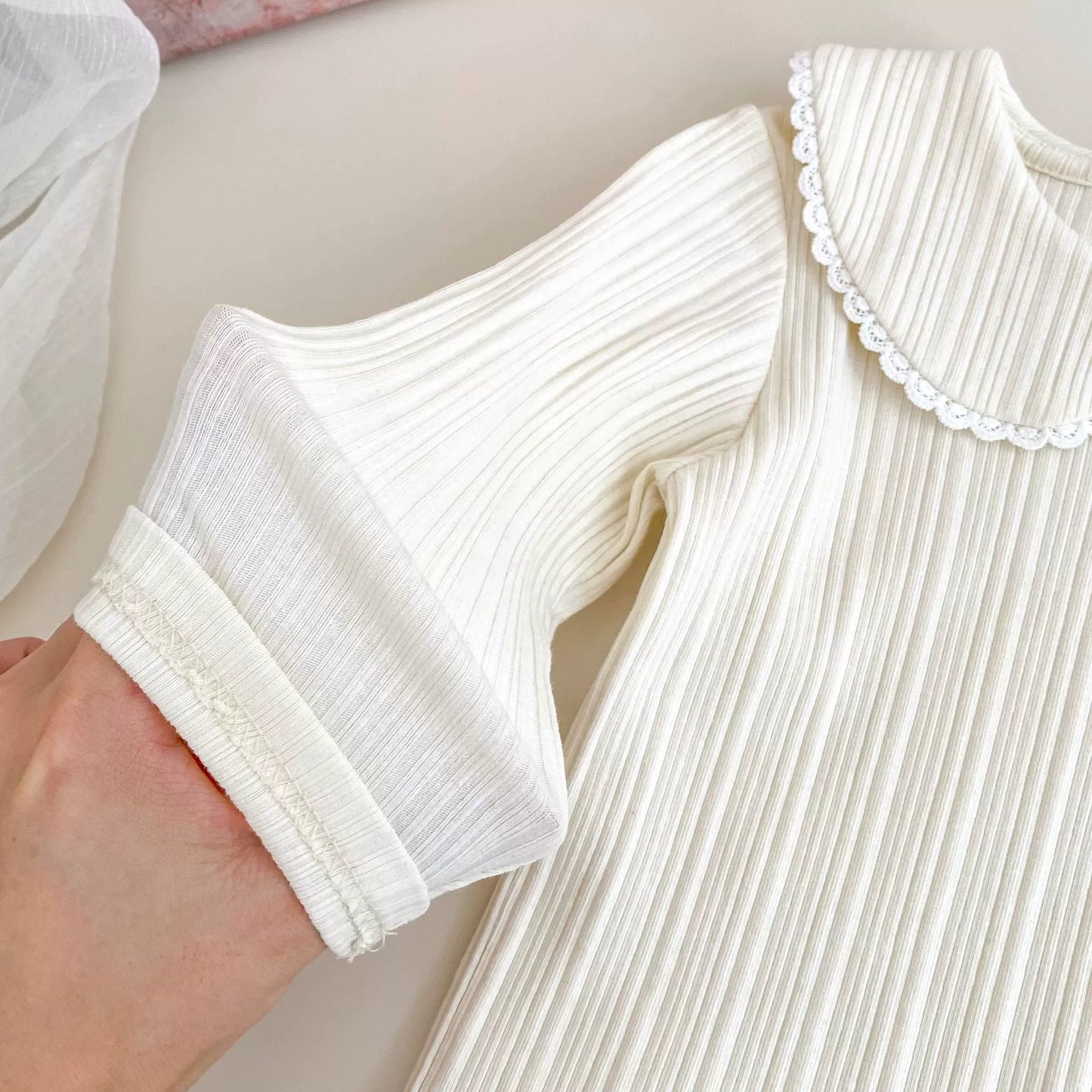 Autumn Arrival Baby Girls Solid Color Long Sleeves Striped Pattern Top