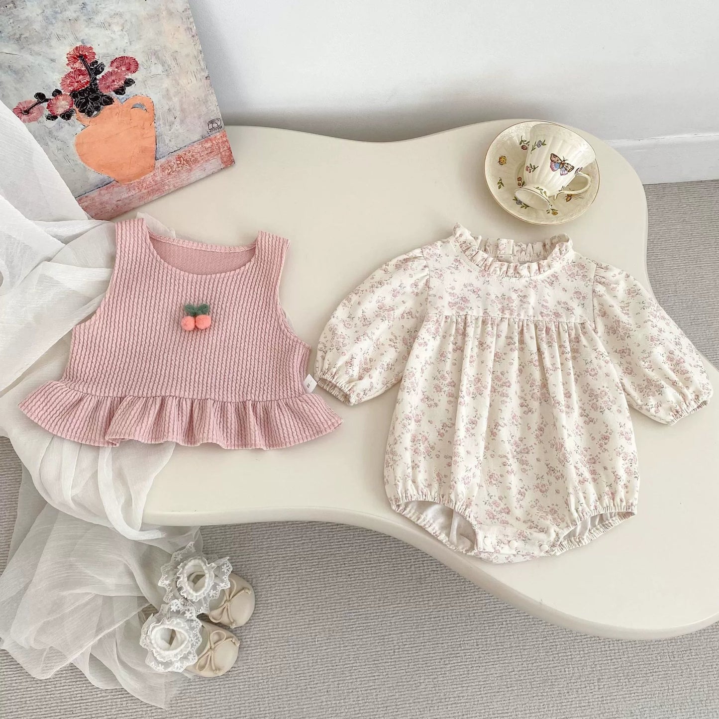 Spring and Autumn Baby Kids Girls Cherry Decorated Sleeveless Vest and