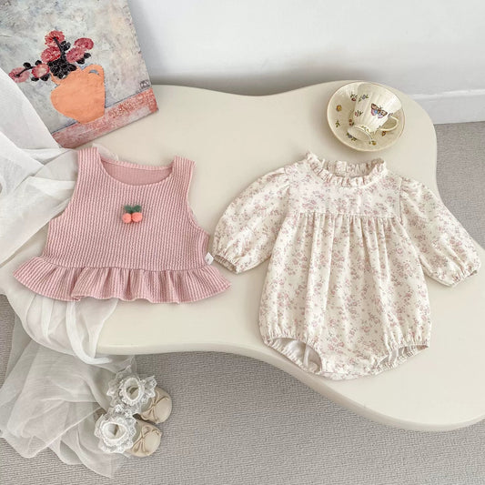 Spring and Autumn Baby Kids Girls Cherry Decorated Sleeveless Vest and