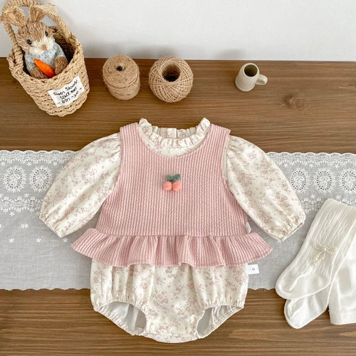 Spring and Autumn Baby Kids Girls Cherry Decorated Sleeveless Vest and