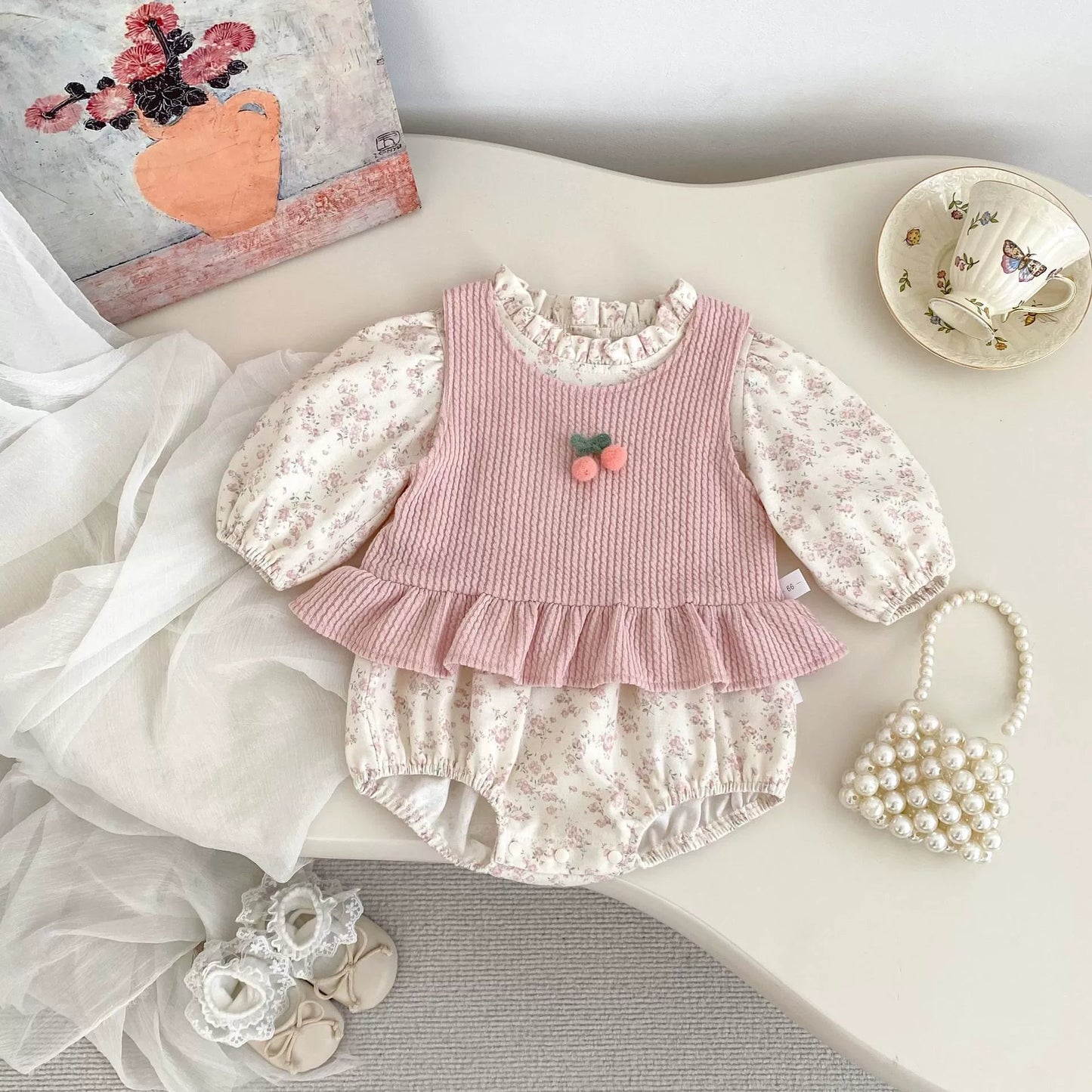 Spring and Autumn Baby Kids Girls Cherry Decorated Sleeveless Vest and