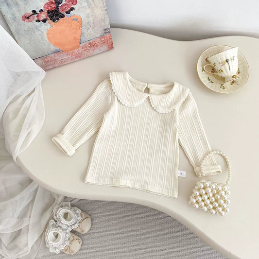 Autumn Arrival Baby Girls Solid Color Long Sleeves Striped Pattern Top