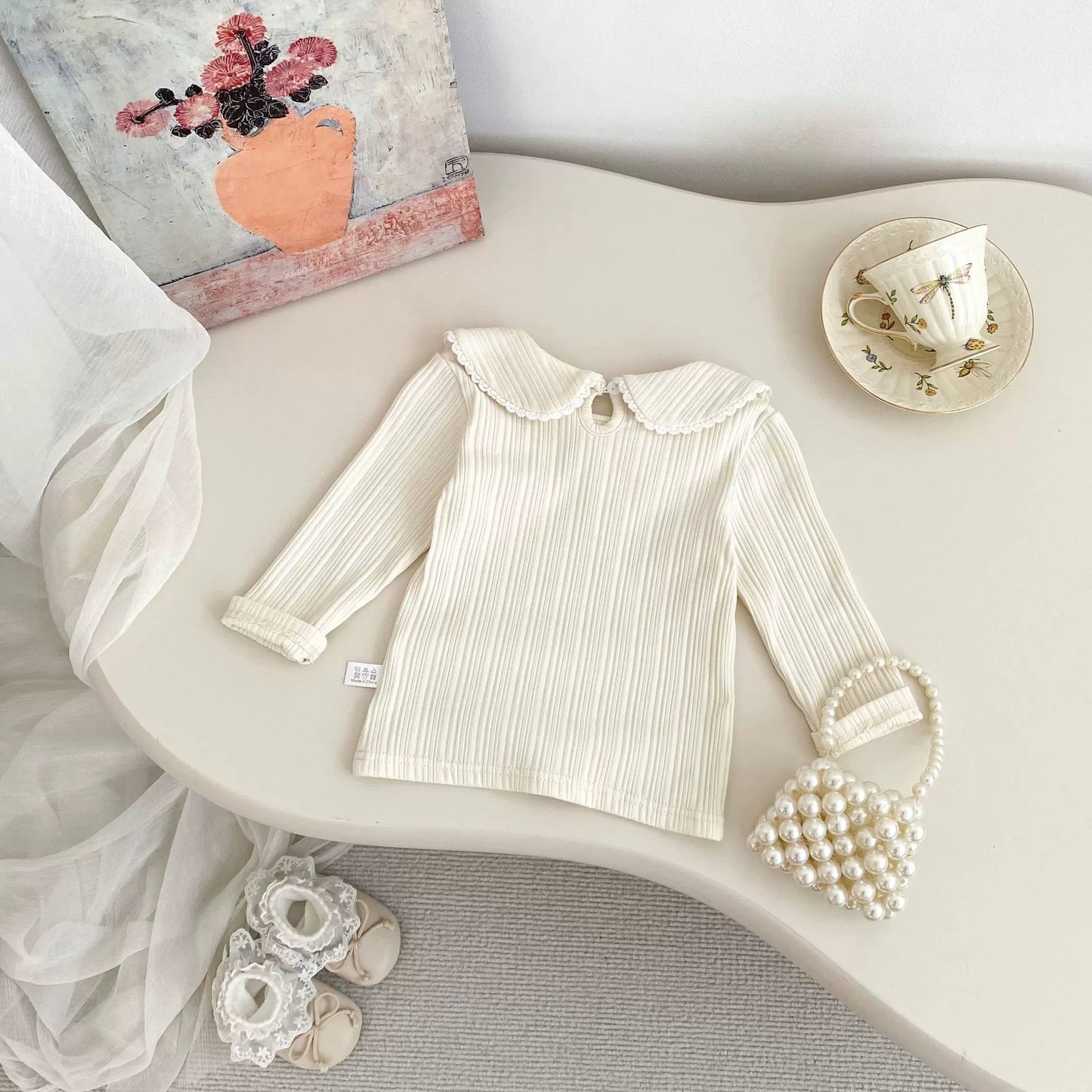 Autumn Arrival Baby Girls Solid Color Long Sleeves Striped Pattern Top